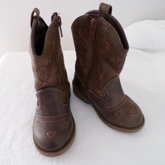 Heart, Flower Stitched Toddler Western Cowgirl Cowboy Boots, Side Zip Girly GUC - Picture 6 of 8